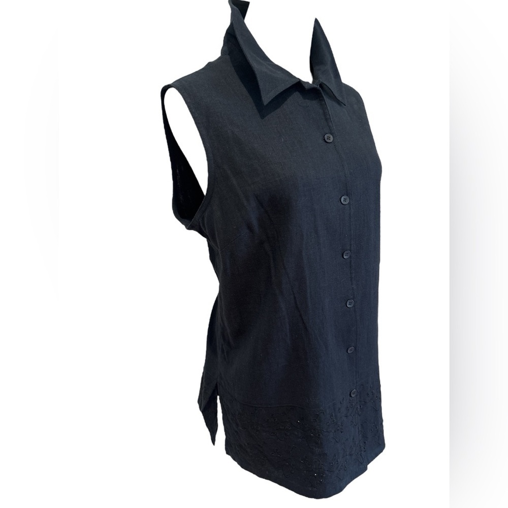 NWOT 90s KAREN SCOTT BLACK LINEN BLEND SLEEVELESS BLOUSE W EYELET LACE HEM SZ L - Picture 4 of 8